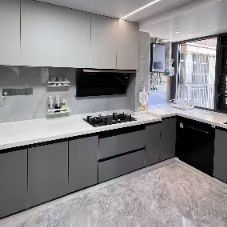 Modern Home Full Kitchen Cabinets Solid Wood Set with Island Countertop and Sink