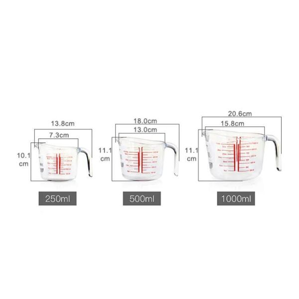Juego de tazas medidoras de vidrio de borosilicato de alta calidad con capacidades de 250 ml, 500 ml y 1000 ml, resistentes al calor para hornear y cocinar