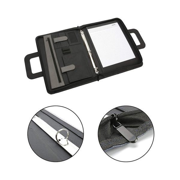 Elegant Zippered PU Leather Leather Business Portfolio Binder Navy Blue & And Grey