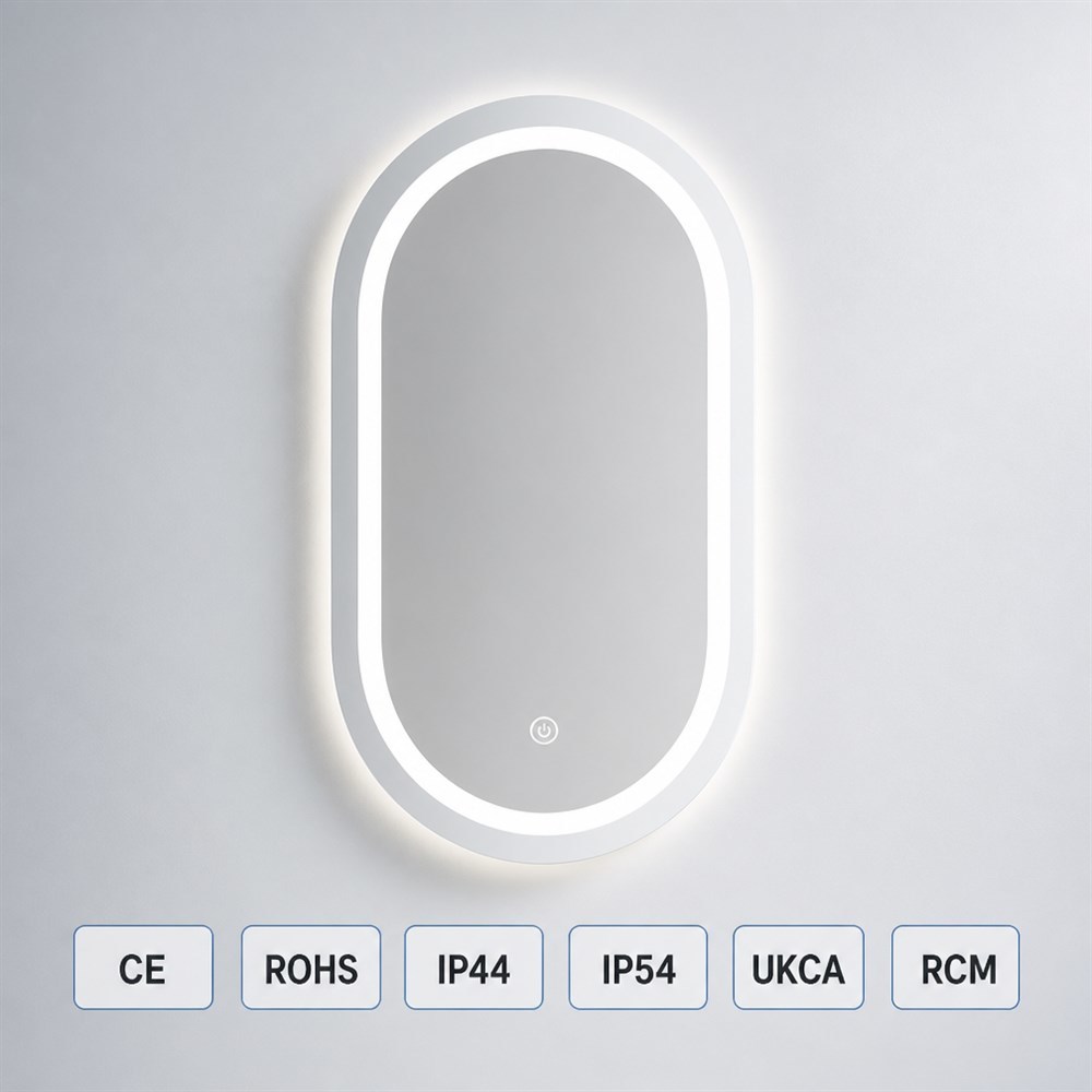 Dimmable Touch LED Oval Aluminum Frame Mirror IP44 Waterproof for Bathroom Home Commercial Renovation