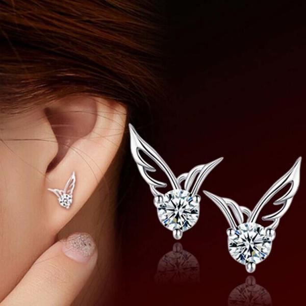 Fashion Silver Plated Wing Stud Earrings with Cubic Zircon (EESTUD02)