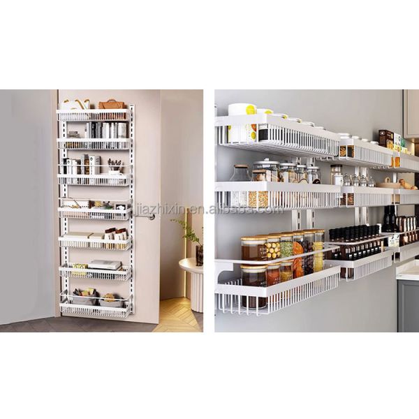Multi-Function Metal Organizers Punch-Free Wall-Mounted Storage Rack with Adjustable Seasoning Basket for Kitchen Bathroom Doors