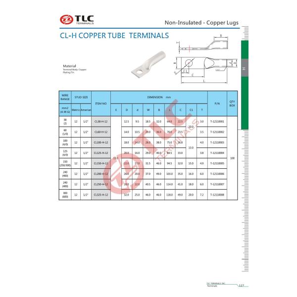 38-300mm2 Crimped Terminal Lugs Copper CL-H COPPER TUBE TERMINALS NON-INSULATED