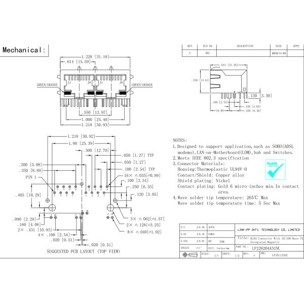 Врезанные модули LPJ26204A31NL Серийн-к-Локальных сетей Multi-порта RJ45 фильтра 203316