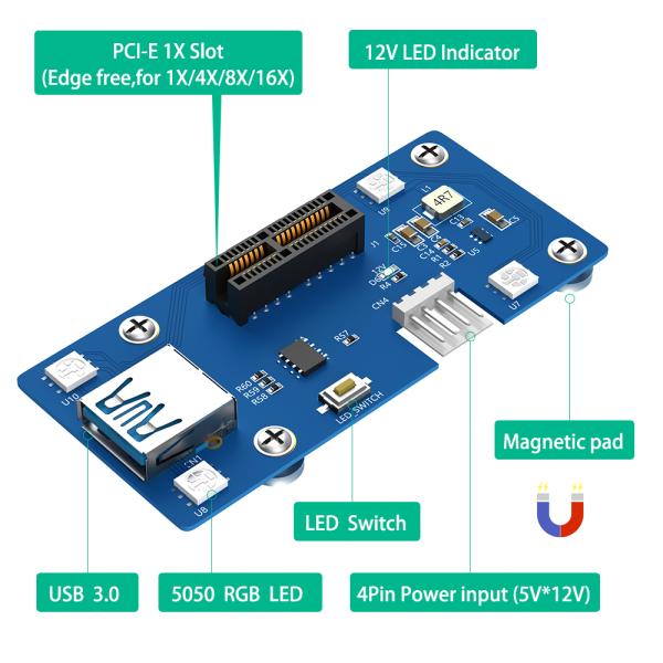 PCI-E 1X Riser Card 22cm with Magnetic Foot Pads and LED