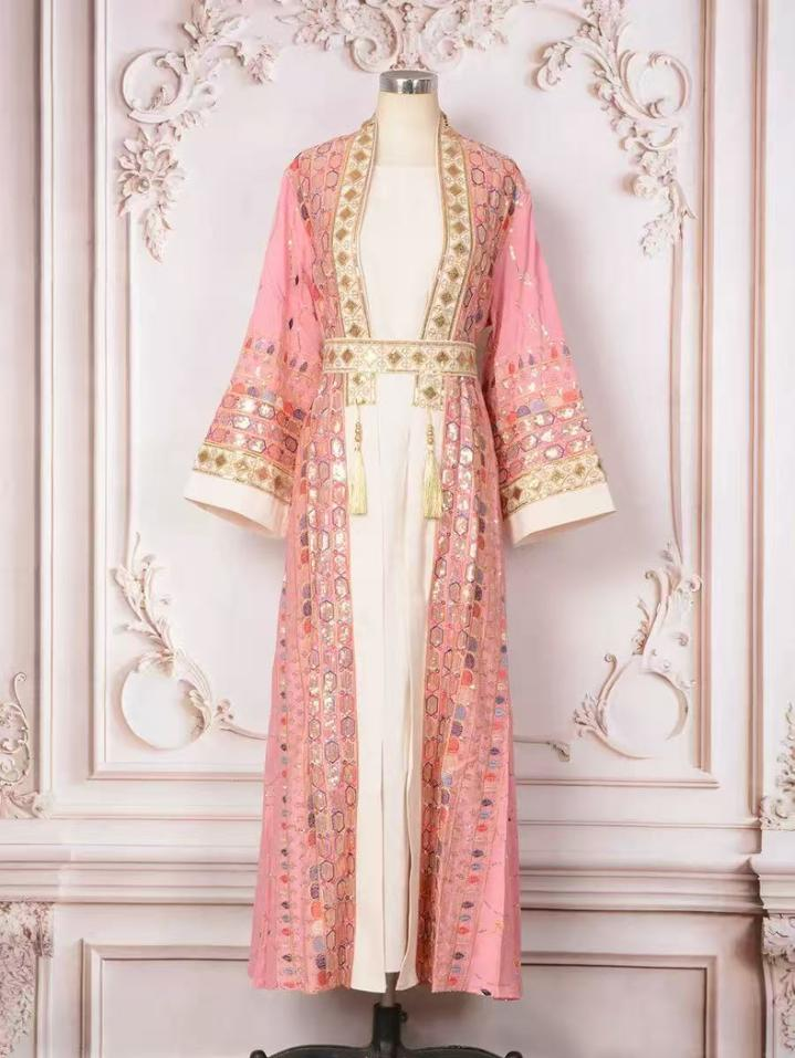 MT450  Middle Eastern Modest Wear Blush Pink & Gold Sequin Embellished Robe Set