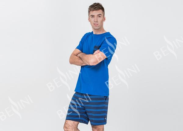 Mens Cotton Jersey Round Neck Tee and Yarn Dyed Striped Short Pants Pyjamas Set Functional Placket Side Pockets