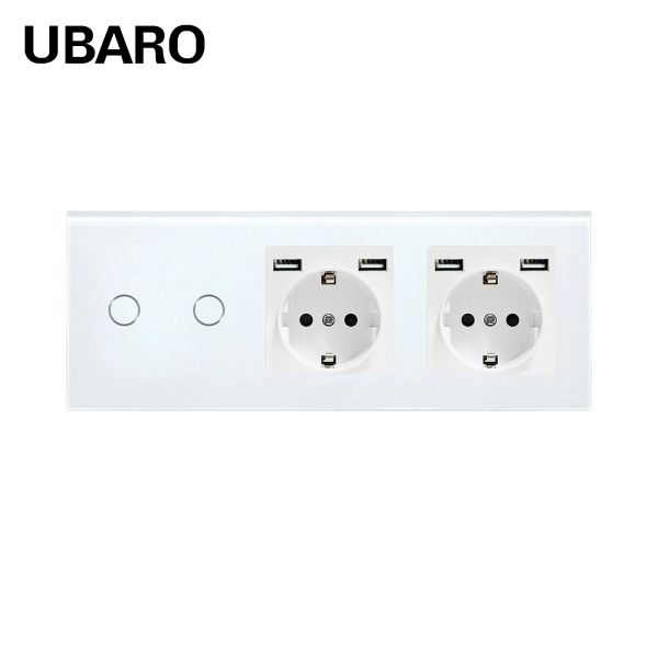 UBARO Smart 2-Gang Touch Light Switch with Dual EU Schuko Power Outlet and 4 USB-A Charging Ports in Tempered Glass Wall Plate