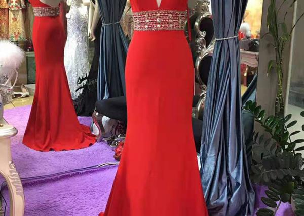 Hanging Neck Red Mermaid Style Prom Dress Top Beading Deep V Neck Backless