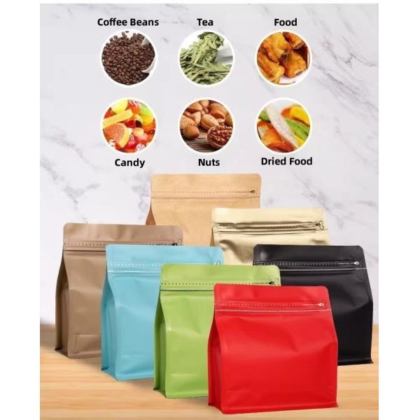 Kraft Paper Coffee Bags Stand up Coffee Pouches With One Way Degassing Valve and Reusable Side Zipper