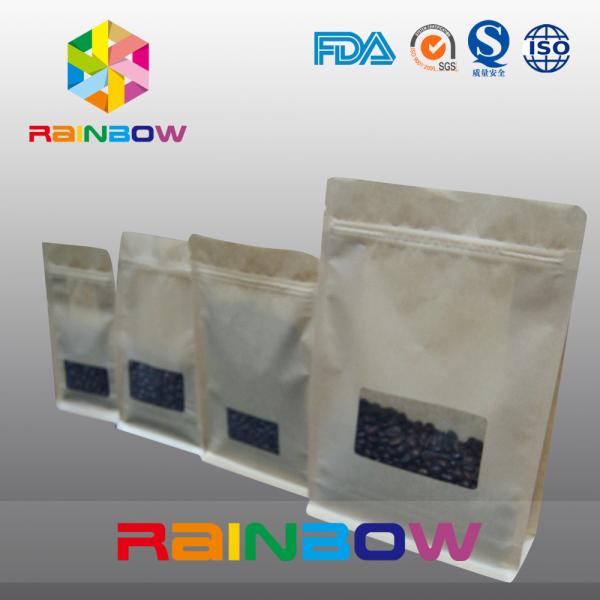 Block Bottom Craft Paper Coffee Bean Packaging Pouch With Zipper And Clear Winow