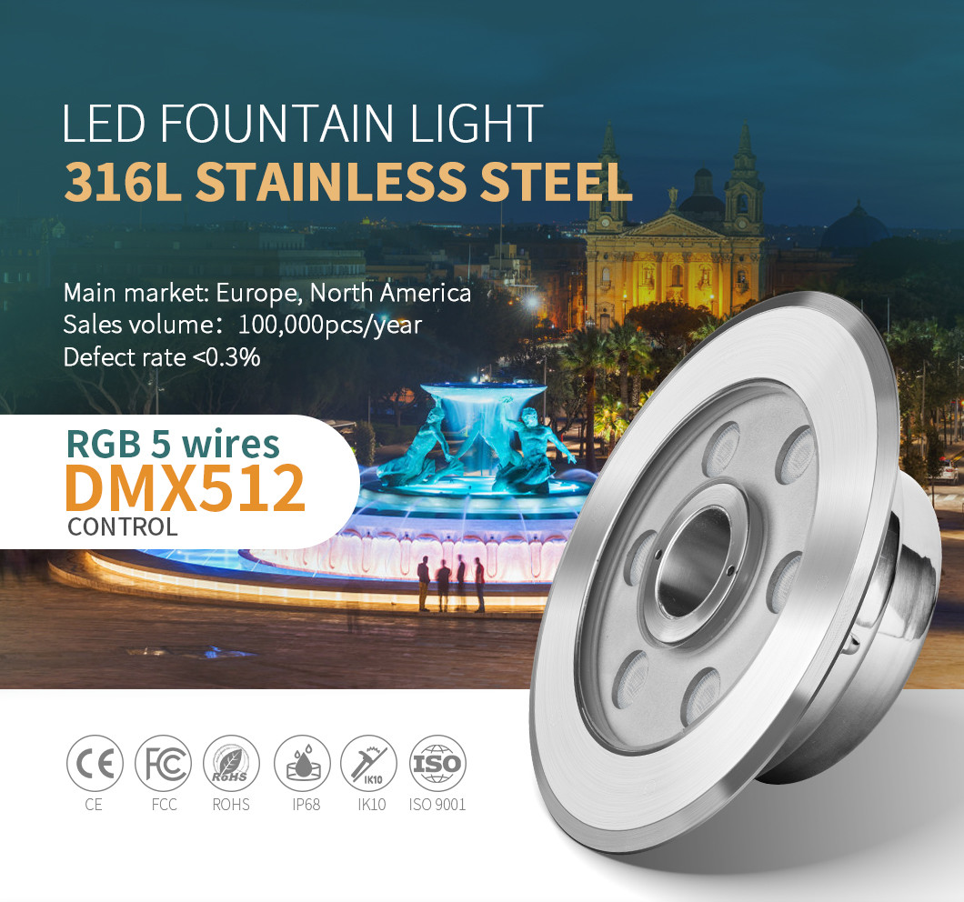 Входной сигнал приведенный света 9W DC24V фонтана SMD3535 RGB DMX IP68 водоустойчивый