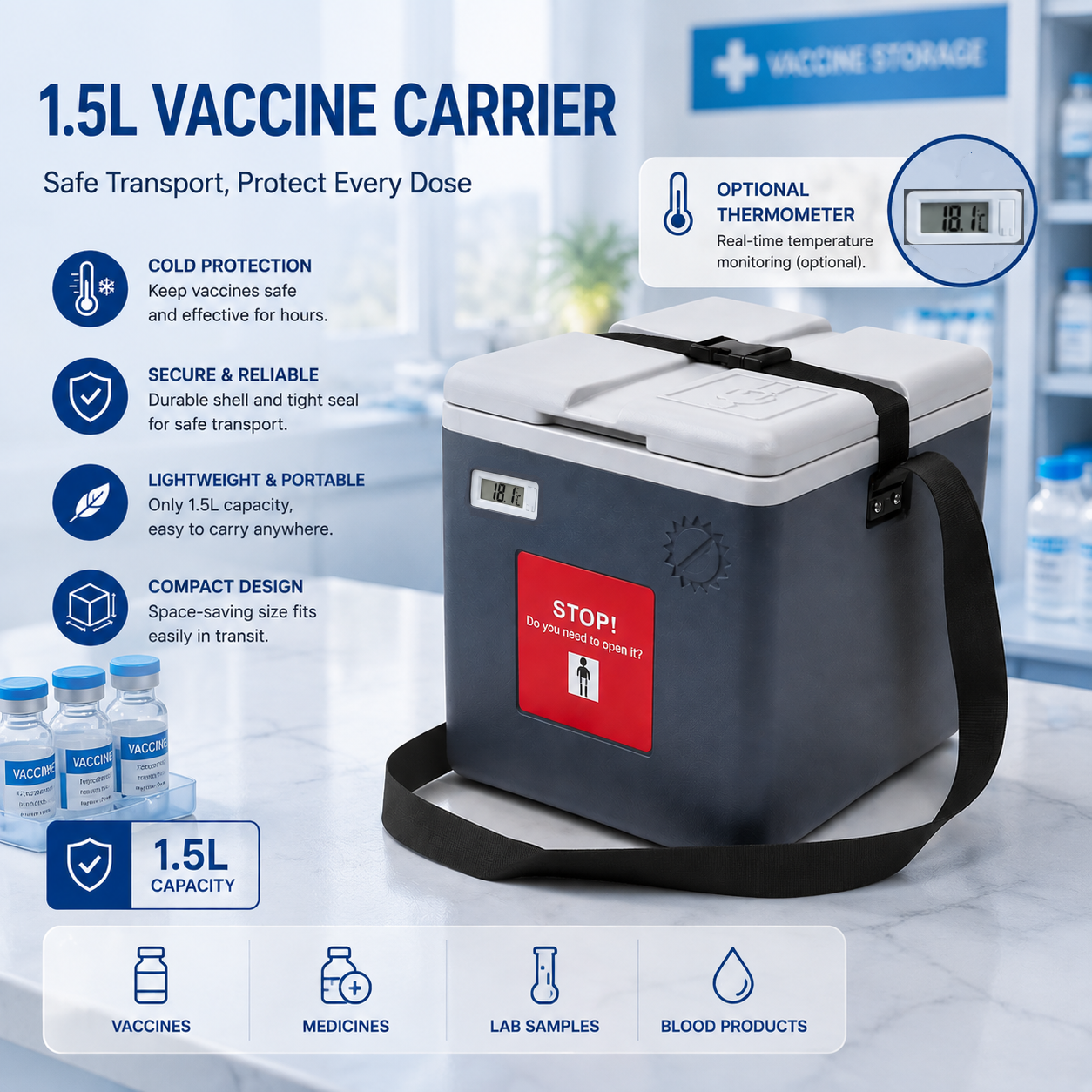 Phefon 1.5L Vaccine Cooler Box Portable Insulated Box Ensuring Safe Vaccine Storage and Cold Chain Compliance