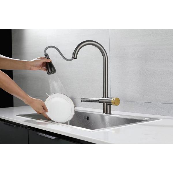Deck Mounted Pull Out Kitchen Faucet with Spring and Brushed Stainless Steel Finish