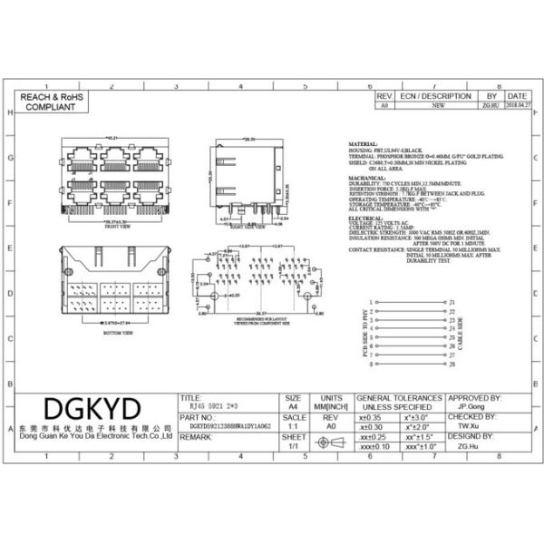 DGKYD59212388HWA1DY1A062 RJ45 multi port shielded connector without light 8P8C Ethernet socket without isolation spring