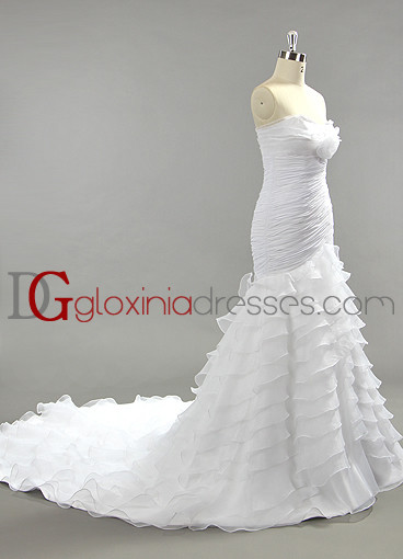 2013 Trumpet/Mermaid strapless train flowered chiffon organza bridal dresses BDGD1009