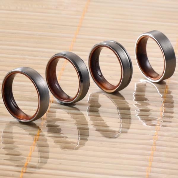 Tungsten Ring Men's Women's 6mm Silver or Black Plated Wedding Engagement Band Rose Wood Inside Beveled Edges Comfort Fit