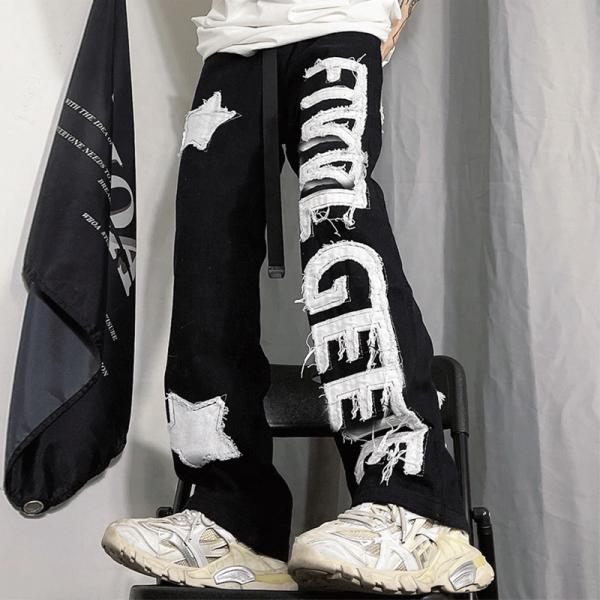 Mens Streetwear Track Pants Applique Graphic Embroidered Patches Acid Wash Mens Joggers