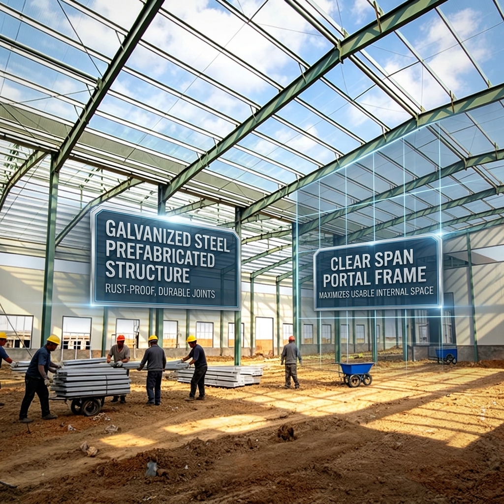 Large Clear Span Steel Warehouse Building 60m Column Free Portal Frame Logistics Hub