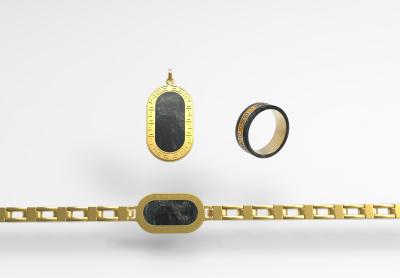Fashion Carbon Fiber With IP Gold Stainless Steel Three-piece Men's Jewelry