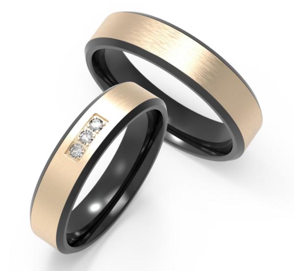 Bright Couple Damascus Steel Ring K Gold Rust Resistant With Three Diamonds