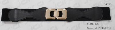 Black PU / Elastic Womens Stretch Belts With Square Gold Zinc Alloy Buckle