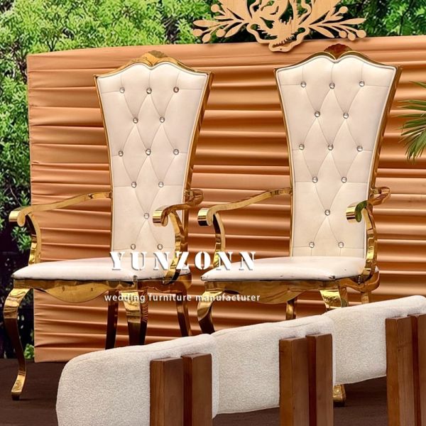 Manufactured White High Back Golden Rental Stainless Steel Hotel Banquet Event Wedding Couple Arm Chairs