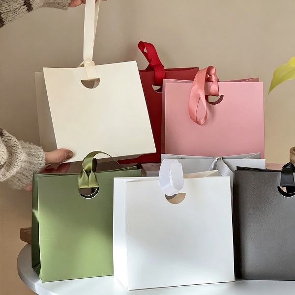 Ribbon Handle Paper Gift Bags with Die Cut Closure for Retail