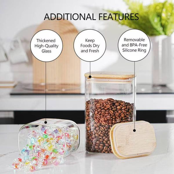 IKOO Rectangular High Borosilicate Glass Canister with Bamboo Lid for Modern Multifunction Kitchen Storage