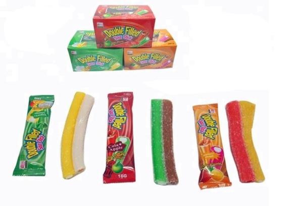 Fruit Flavored Chewy Gummy Candy Sour Sweet Powder Fruit Jam Center Filled
