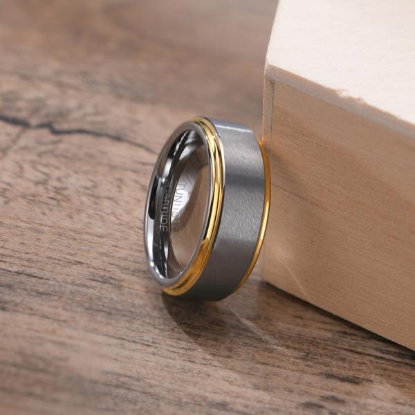 Silver Blue Gold Black Tungsten Wedding Band for Men 8mm Matte Brushed Finish Step Edges Comfort Fit Inlay Technology