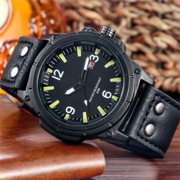 Alloy Quartz Battery Wristwatches Leather Men Cool 3atm Waterproof 46mm Dia