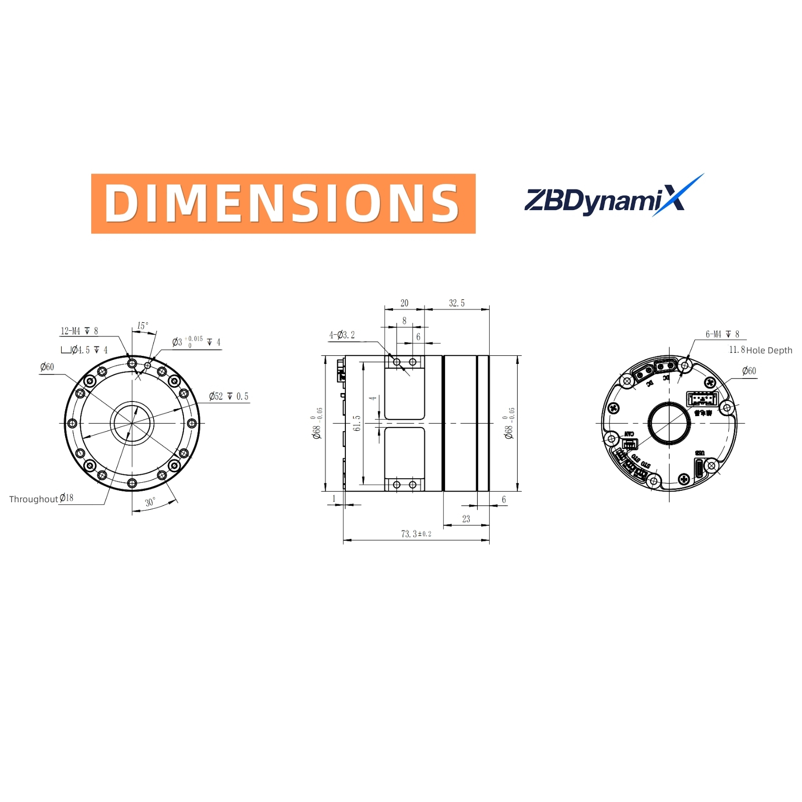 ZBDynamiX ZHA-Lite-R68-101-DNN-I Lightweight Harmonic Joint Actuator | 82 Nm Peak Torque, 101:1 Ratio, OD68 mm