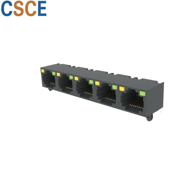 Unshielded RJ45 Modular Jack 1×5 Port Voltage Rating 125V With Yellow / Green LED
