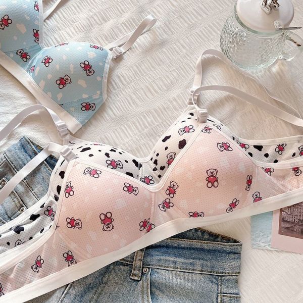 Sweet Cartoon Bear Triangle Cup Underwear for Women With Small Breast Gathered High School Students for Small Breast Slim Girls
