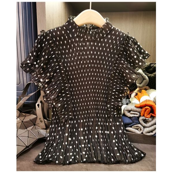 French-Style Elegant Short-Sleeve T-Shirt High-End New Summer Age-Reducing Lightweight Top Polka-Dot Print Lotus Leaf Hem Loose