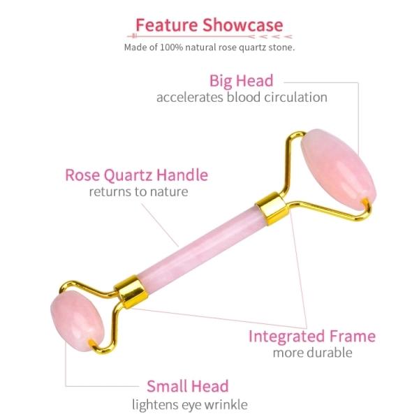 Facial Jade Roller with Double Rollers in Natural Rose Gold Rose Quartz Material