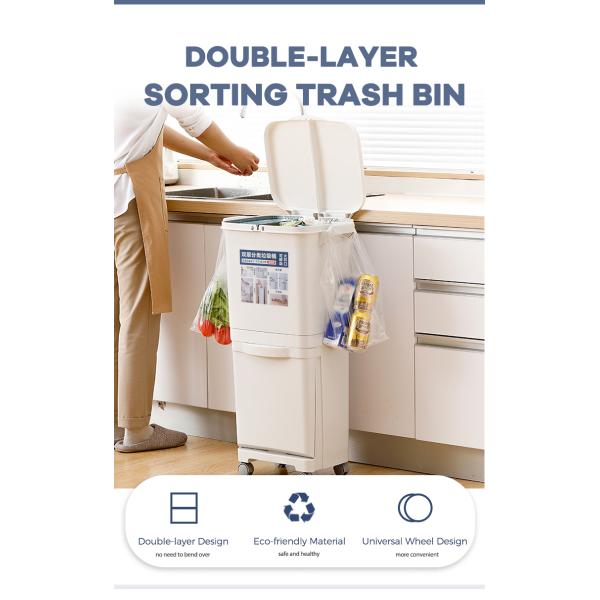 Home STANDING Double Layer Sorting Garbage Can 3 Compartments Trash Can Plastic Waste Bin With Single Lid