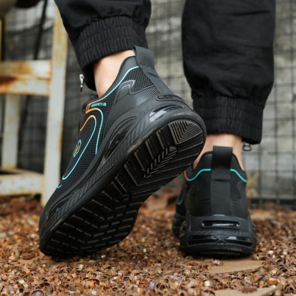 Swivel Button Black Safety Shoes With Kevlar Midsole And Rubber Sole