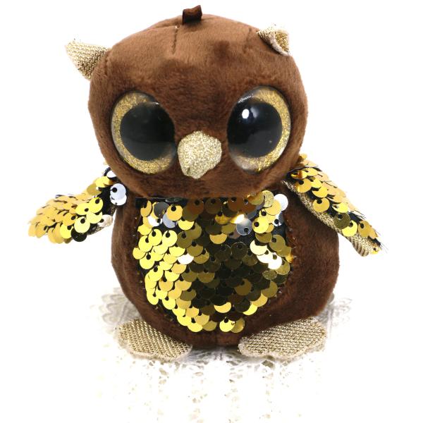3D Plush Doll Key Chain Brown Embroidered Owl 10cm Inlaid Round Gold Eyes Beads