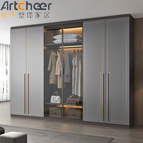 Modern Minimalist Design Wardrobe with Golden Strip Decoration and Customized Size