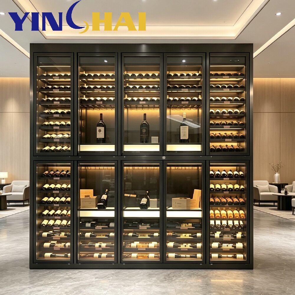 Freestanding Wine Cooler Brushed Gold Frame Integrated Bar Counter Luxury Wine Display Cabinet