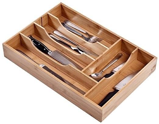 Bamboo Cutlery Tray Kitchen Utensil Tray Cooking Spoon Flatware Drawer Organizer with Storage Dividers
