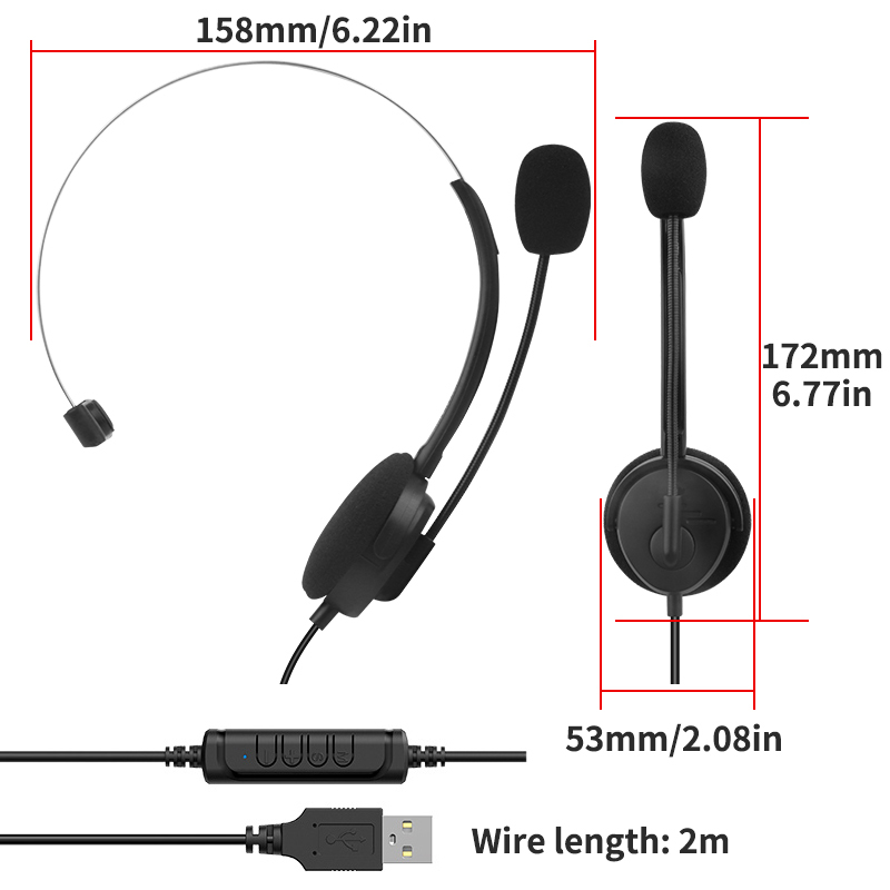 USB head mounted wired single ear headphones with high-definition call microphone, online control of mute volume, used for PC laptops, office customer service in the call center, supporting OEM/ODM