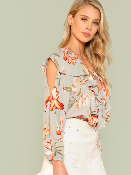 Blusa das mulheres do verão da cópia floral da forma com plissado