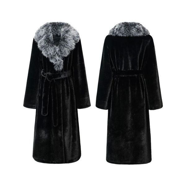 Euro American Faux Fur Coat Eco Friendly Fox Fur Collar Long Black Fur Coat