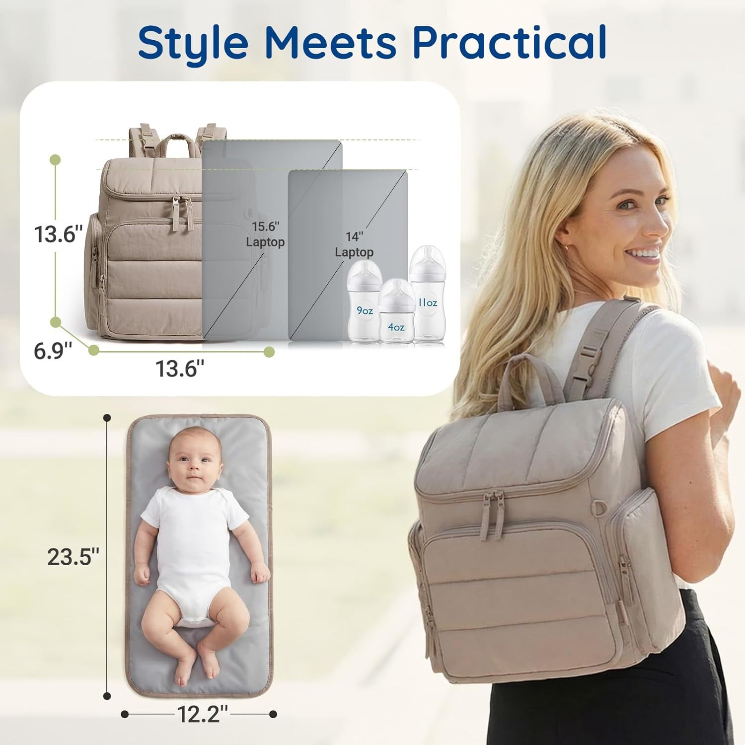 mommore Diaper Bag Backpack, Baby Bag, Diaper Backpack for Mom Dads, Coffee | Waterproof Changing Pad, Stroller Straps for Toddler, Insulated Pockets, Pacifier Case, Baby Essential
