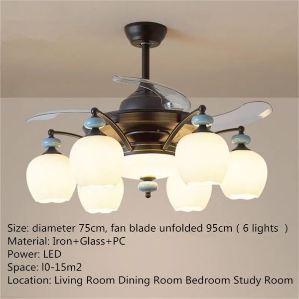 Luxury Ceiling Fan Light Remote LED Electric Fan Light with glass lampshade metal Stealth Fan Light (WH-VLL-28)