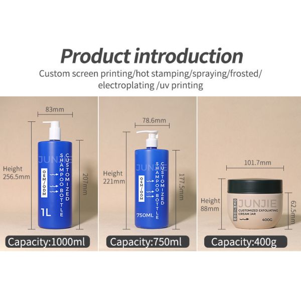 Custom Flat Shoulders 32oz Empty Blue HDPE 1L Shampoo Hair Care Plastic Bottle Butter Plastic Jar 400G for Cosmetic Shampoo