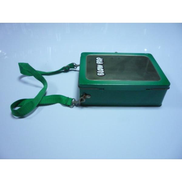 Коробка зеленых/желтого цвета обеда квадрата металла, напечатанная крышка ручки прикрепила на петлях олов металла